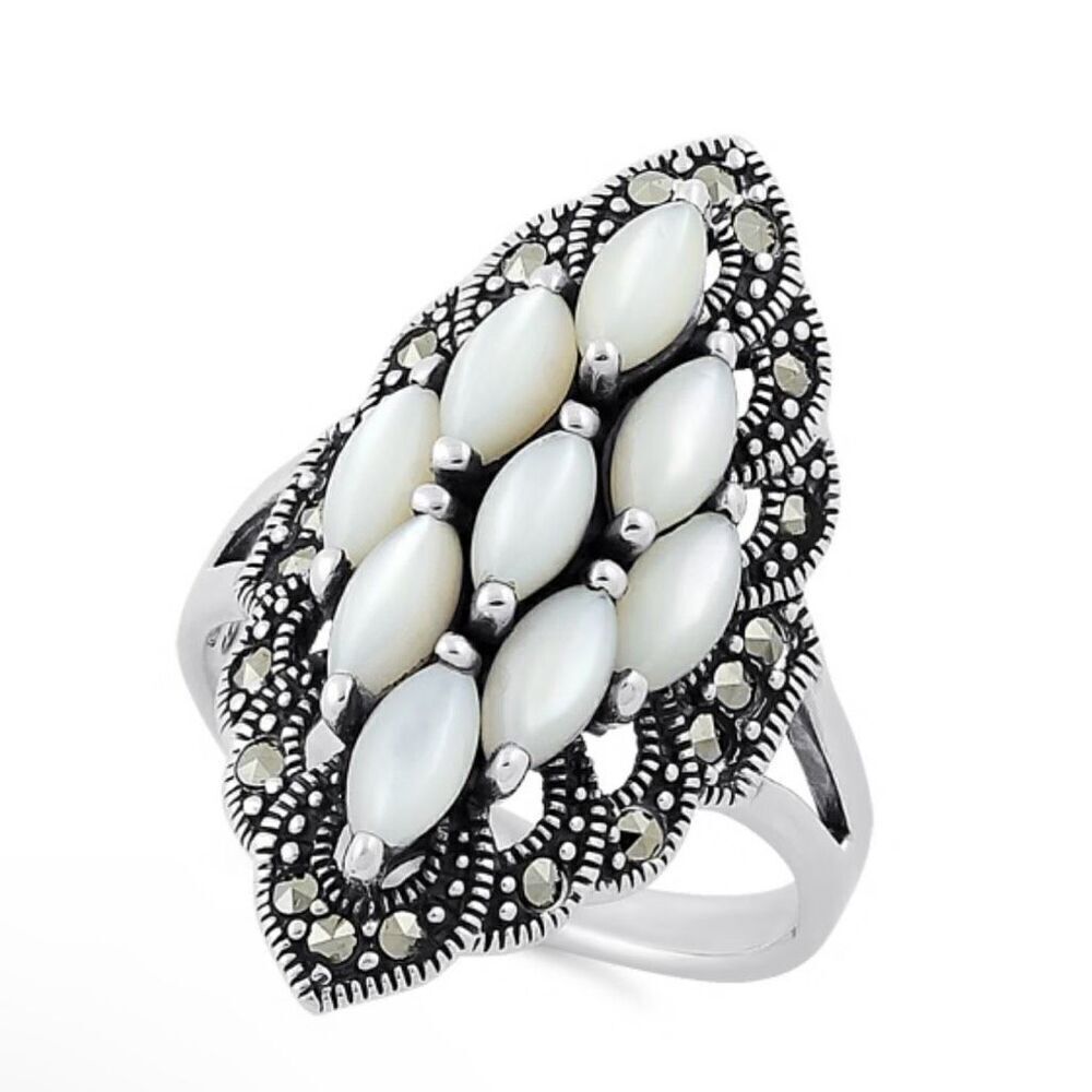 Sterling Silver Mother Of Pearl Marquise Marcasite Ring New